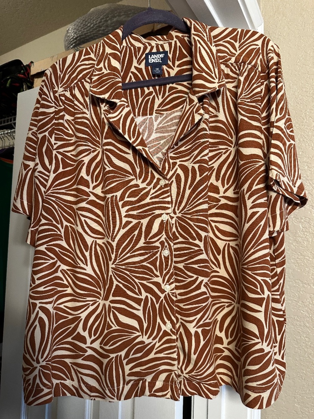 Lands' End Women's Plus Size 1X Rayon Short Sleeve Camp Shirt